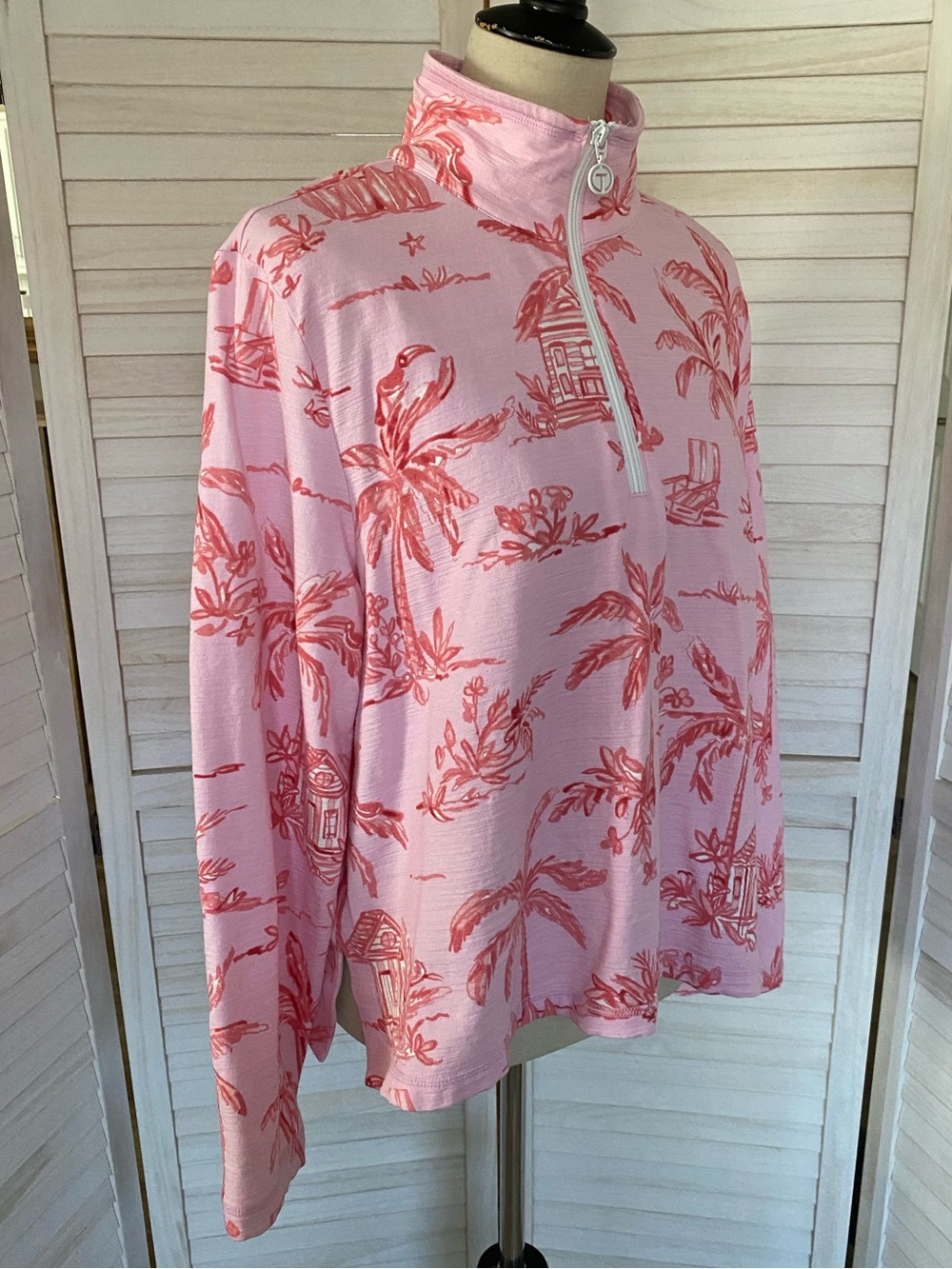 T by Talbots Pink Tropical Palm Print Quarter Zip Long Sleeve Top SZ XL uPF 50+ - Picture 3 of 15